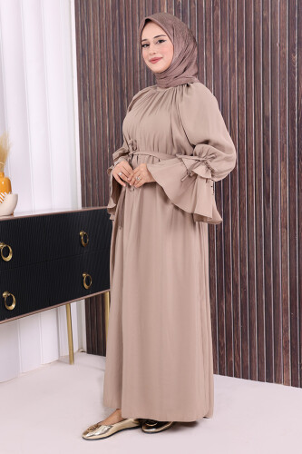 Kol Fırfır Detaylı Elbise 3925 Vizon - 2