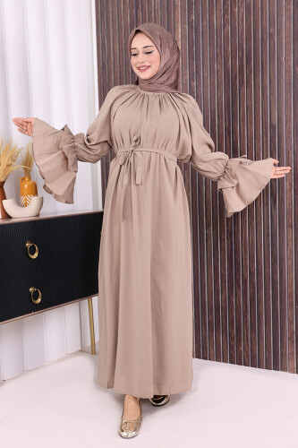 Kol Fırfır Detaylı Elbise 3925 Vizon - 3