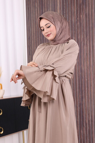 Kol Fırfır Detaylı Elbise 3925 Vizon - 5