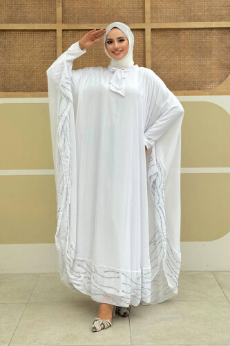 Taş Detaylı Abayalı Elbise Takım 3927 Ekru - Bym Fashion