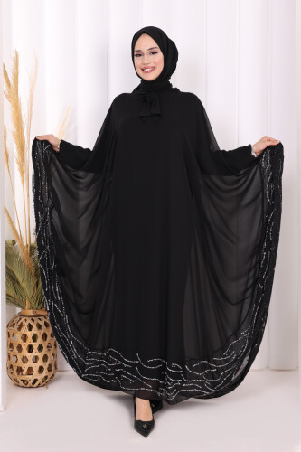 Taş Detaylı Abayalı Elbise Takım 3927 Siyah - Bym Fashion