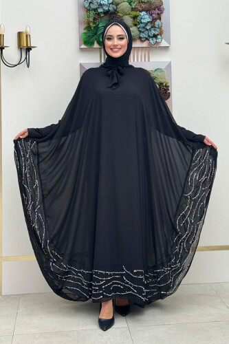 Taş Detaylı Abayalı Elbise Takım 3927 Siyah - Bym Fashion