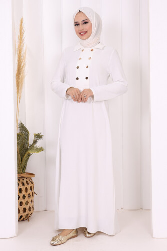 Çıt Çıt Düğme Detaylı Elbise 3928 Ekru - Bym Fashion