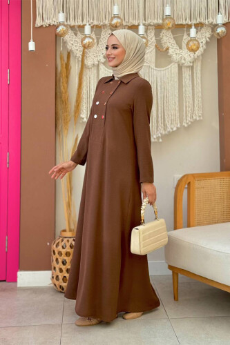 Çıt Çıt Düğme Detaylı Elbise 3928 Kahverengi - 5