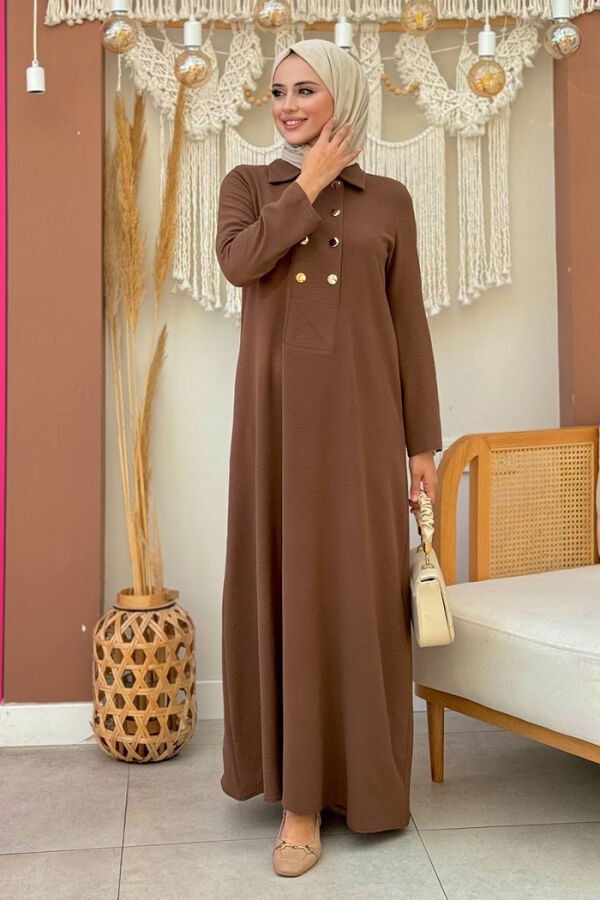Çıt Çıt Düğme Detaylı Elbise 3928 Kahverengi - 6