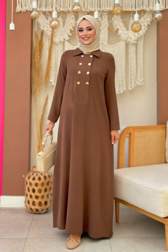 Çıt Çıt Düğme Detaylı Elbise 3928 Kahverengi - Bym Fashion