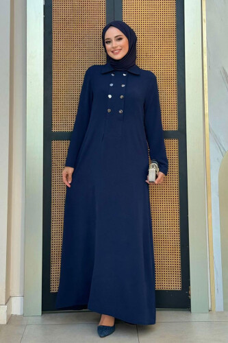 Çıt Çıt Düğme Detaylı Elbise 3928 Lacivert - Bym Fashion