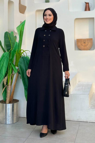 Çıt Çıt Düğme Detaylı Elbise 3928 Siyah - Bym Fashion