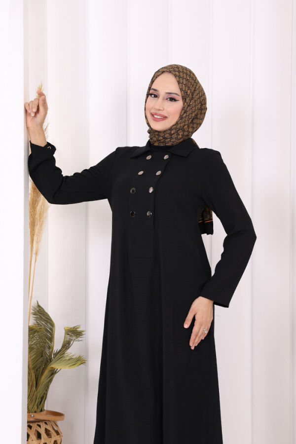 Çıt Çıt Düğme Detaylı Elbise 3928 Siyah - 5