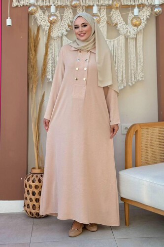 Çıt Çıt Düğme Detaylı Elbise 3928 Taş - Bym Fashion