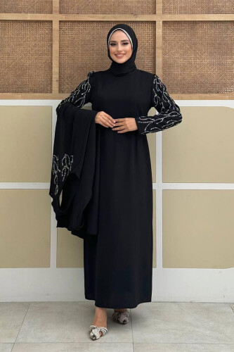 Taş Detaylı Yelekli Elbise Takım 3929 Siyah - Bym Fashion