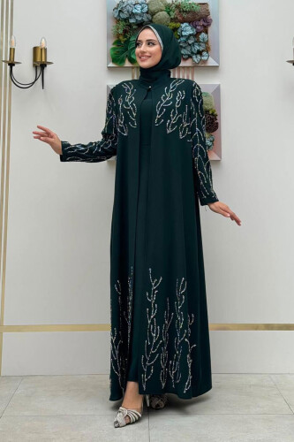Taş Detaylı Yelekli Elbise Takım 3929 Zümrüt - Bym Fashion