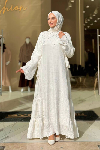 Taş İşleme Detaylı Elbise 3933 Ekru - Bym Fashion