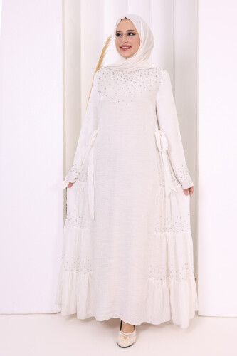 Taş İşleme Detaylı Elbise 3933 Ekru - 2