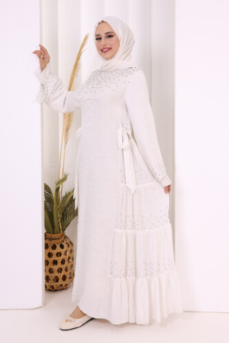 Taş İşleme Detaylı Elbise 3933 Ekru - 3