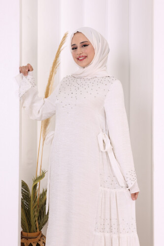 Taş İşleme Detaylı Elbise 3933 Ekru - 5