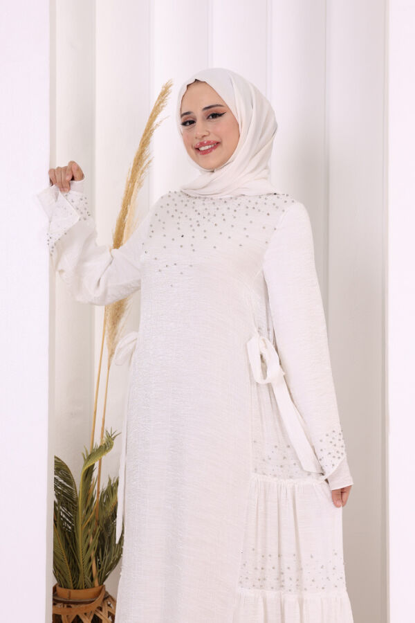 Taş İşleme Detaylı Elbise 3933 Ekru - 5