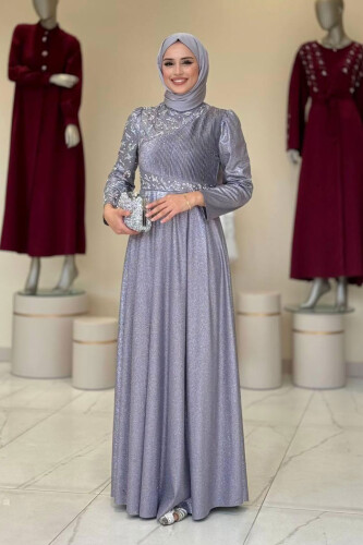 Simli Taş Detaylı Abiye 3934 Gri - Bym Fashion