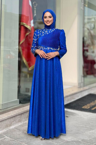 Simli Taş Detaylı Abiye 3934 Saks - Bym Fashion