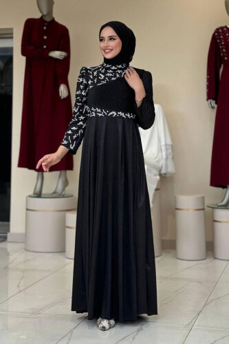 Simli Taş Detaylı Abiye 3934 Siyah - Bym Fashion