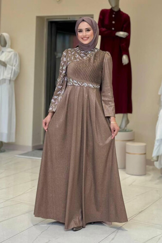 Simli Taş Detaylı Abiye 3934 Vizon - Bym Fashion