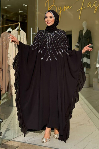 Fırfırlı Taş Detaylı Elbise 3936 Siyah - Bym Fashion