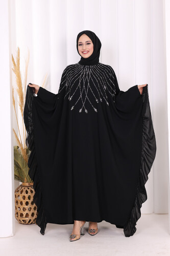 Fırfırlı Taş Detaylı Elbise 3936 Siyah - Bym Fashion