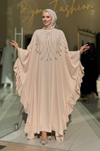 Fırfırlı Taş Detaylı Elbise 3936 Taş - Bym Fashion