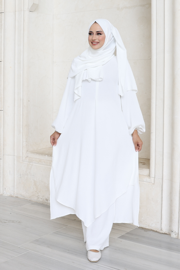 Verevli Tunik, Pantolon ve Şal Üçlü Takım 3937 Ekru - 1