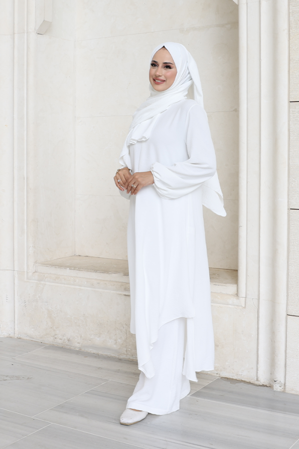 Verevli Tunik, Pantolon ve Şal Üçlü Takım 3937 Ekru - 3