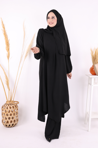 Verevli Tunik, Pantolon ve Şal Üçlü Takım 3937 Siyah 