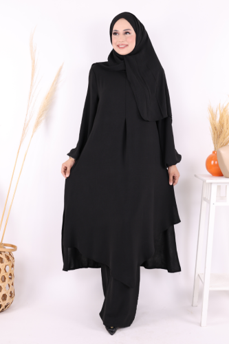 Verevli Tunik, Pantolon ve Şal Üçlü Takım 3937 Siyah - 2