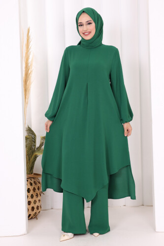 Verevli Tunik, Pantolon ve Şal Üçlü Takım 3937 Zümrüt - Bym Fashion