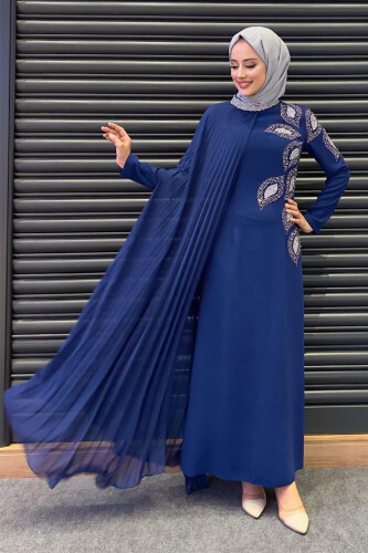 Taş Detaylı Pelerinli Elbise 3938 Lacivert - Bym Fashion