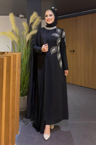 Taş Detaylı Pelerinli Elbise 3938 Siyah - Bym Fashion