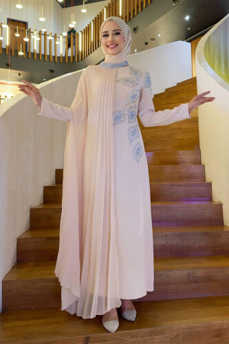 Taş Detaylı Pelerinli Elbise 3938 Taş - Bym Fashion