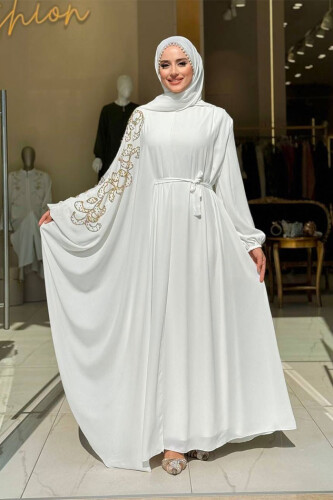 Taş Detay Pelerinli Elbise Takım 3939 Ekru - Bym Fashion