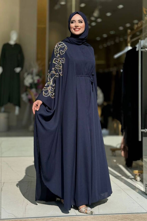 Taş Detay Pelerinli Elbise Takım 3939 Lacivert - 3