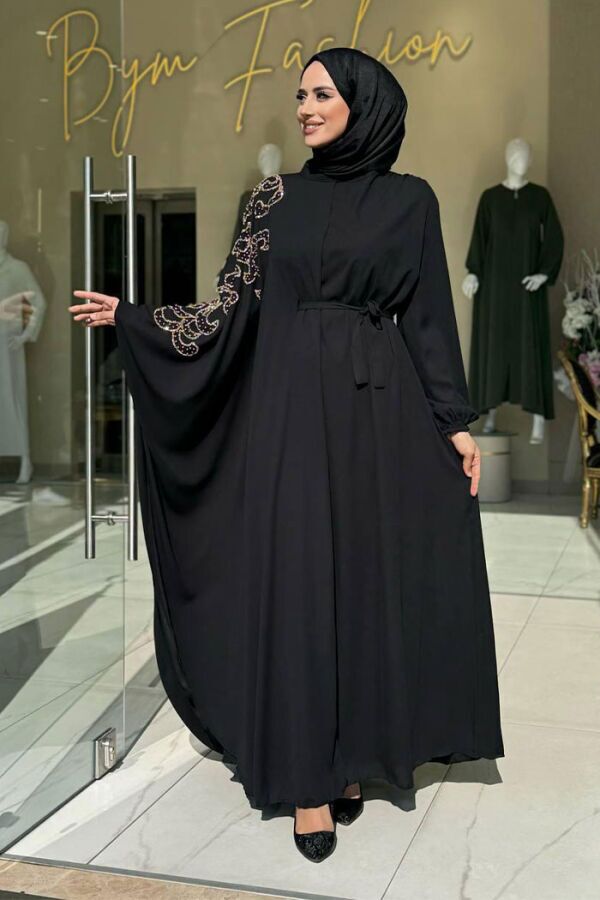 Taş Detay Pelerinli Elbise Takım 3939 Siyah - 1