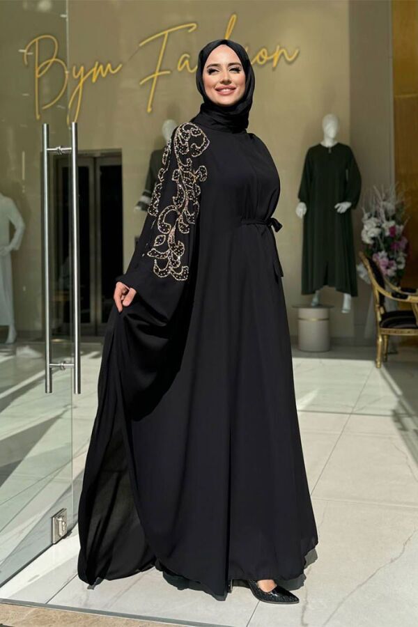 Taş Detay Pelerinli Elbise Takım 3939 Siyah - 3