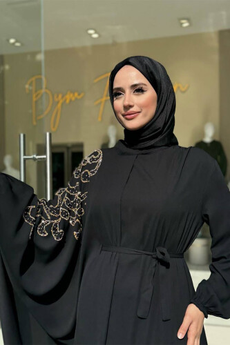 Taş Detay Pelerinli Elbise Takım 3939 Siyah - 4