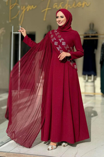 Pelerin Detaylı Elbise 3940 Bordo - Bym Fashion