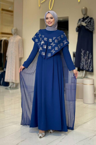 Pelerin Detaylı Elbise 3940 Lacivert - Bym Fashion