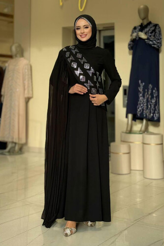 Pelerin Detaylı Elbise 3940 Siyah - Bym Fashion
