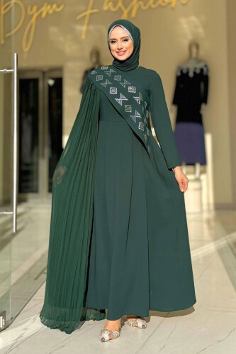 Pelerin Detaylı Elbise 3940 Zümrüt - Bym Fashion