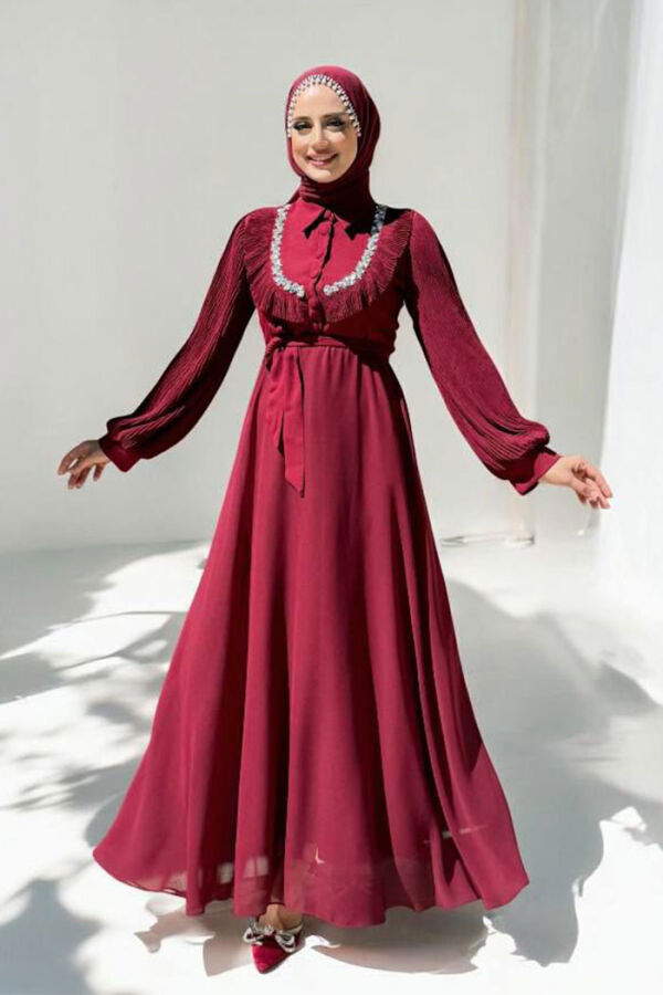 Pilise Kol Detaylı Elbise 3949 Bordo - 1