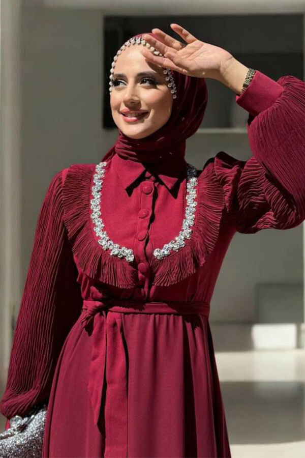 Pilise Kol Detaylı Elbise 3949 Bordo - 4