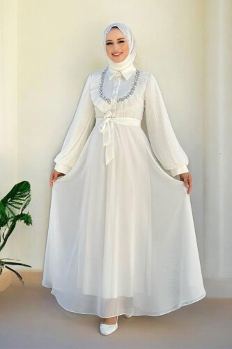 Pilise Kol Detaylı Elbise 3949 Ekru - Bym Fashion