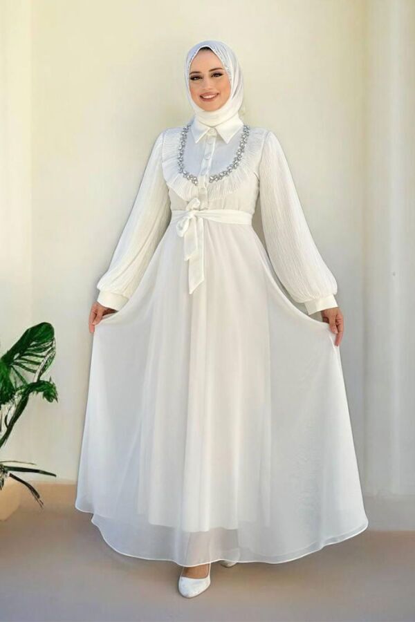Pilise Kol Detaylı Elbise 3949 Ekru - 1