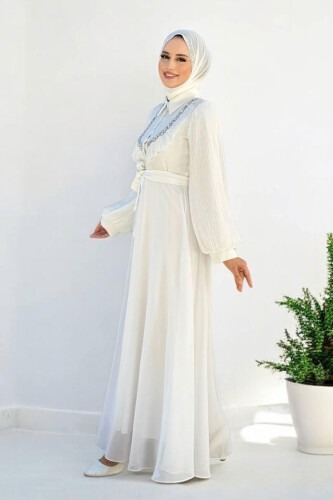 Pilise Kol Detaylı Elbise 3949 Ekru - 3